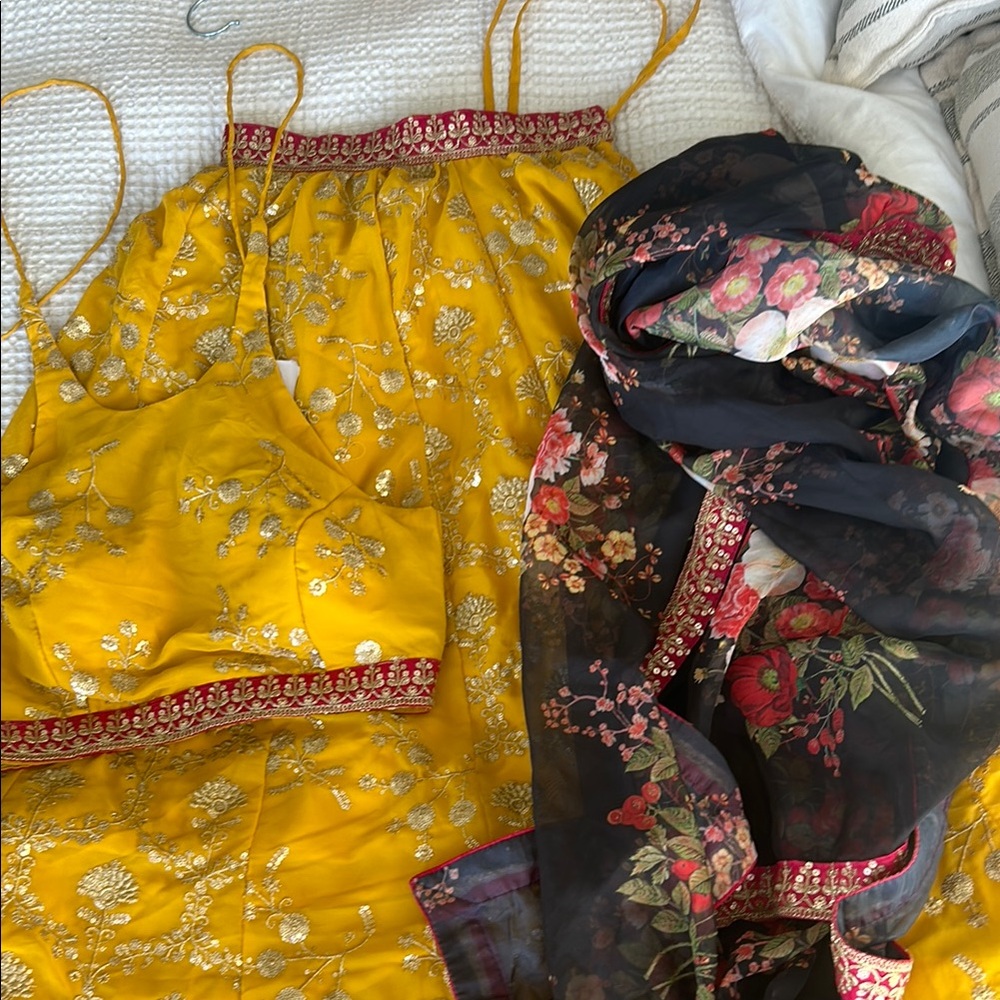 Elegant Yellow Embroidered Lehenga with Floral Scarf